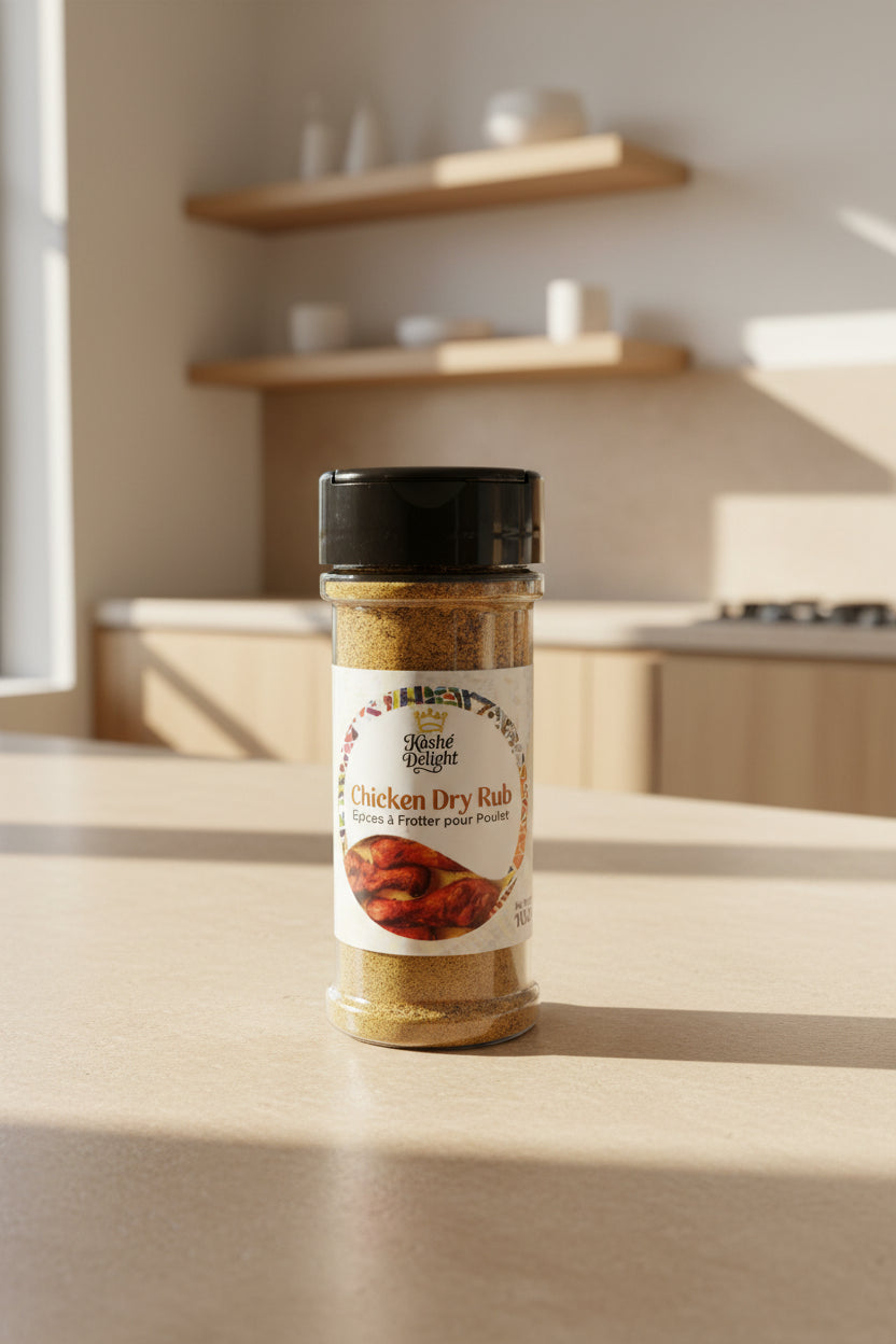Spice jar labeled 'Chicken Dry Rub' on a kitchen counter