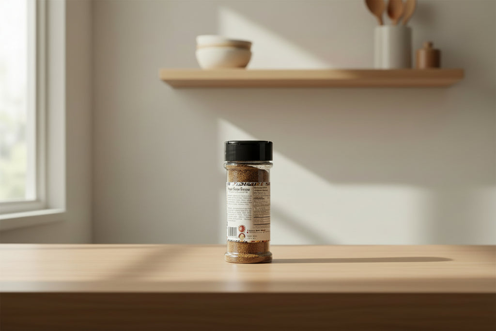 Koshe Pepper Soup Spice jar on a wooden shelf in a bright kitchen