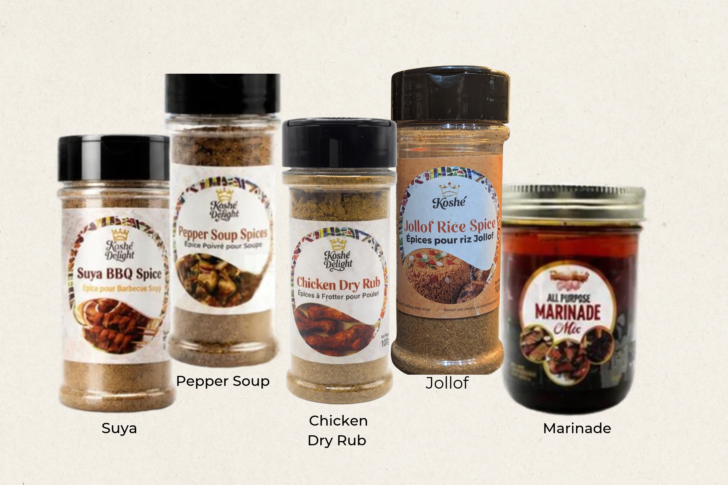 Koshé West African spice range: Suya BBQ Spice, Pepper Soup Spice, Chicken Dry Rub, Jollof Rice Spice and All-Purpose Marinade