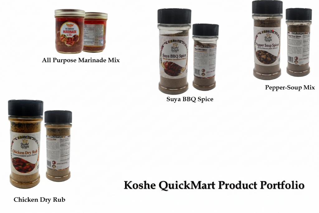 Collection of Koshe QuickMart spice jars on a white background